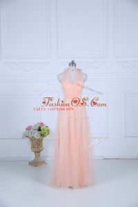 Ideal Peach Sleeveless Floor Length Ruching Zipper Dama Dress for Quinceanera