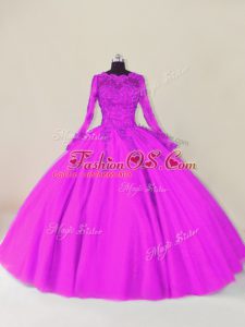 Floor Length Purple Vestidos de Quinceanera Tulle Long Sleeves Lace and Appliques