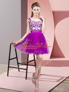 Purple A-line Lace Quinceanera Dama Dress Zipper Tulle Sleeveless Mini Length