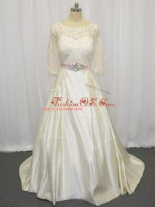 Latest Half Sleeves Brush Train Zipper Beading and Lace Wedding Gowns