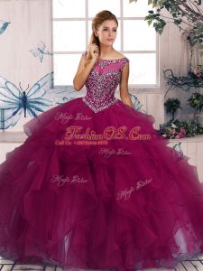 Romantic Sleeveless Floor Length Beading and Ruffles Zipper Sweet 16 Quinceanera Dress with Fuchsia