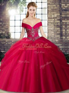 Customized Red Tulle Lace Up Off The Shoulder Sleeveless 15 Quinceanera Dress Brush Train Beading and Pick Ups