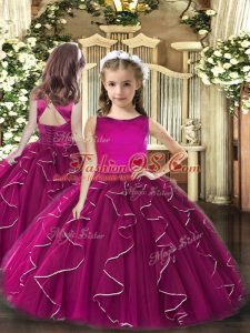 New Style Ball Gowns Girls Pageant Dresses Fuchsia Scoop Tulle Sleeveless Floor Length Lace Up