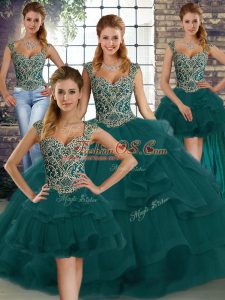 Beading and Ruffles Vestidos de Quinceanera Peacock Green Lace Up Sleeveless Floor Length