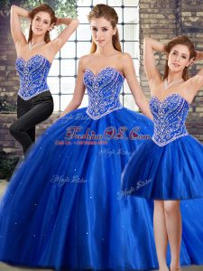 Blue Ball Gowns Tulle Sweetheart Sleeveless Beading Lace Up Quinceanera Dresses Brush Train