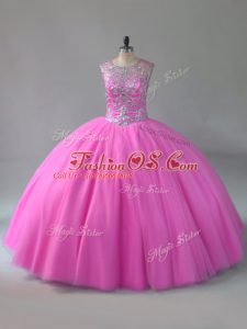 Scoop Sleeveless Lace Up Sweet 16 Dress Rose Pink Tulle