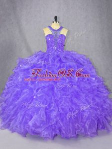 Graceful Sleeveless Floor Length Beading Zipper Sweet 16 Dress with Purple
