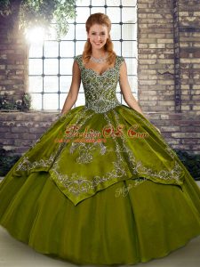 Olive Green Lace Up Quince Ball Gowns Beading and Embroidery Sleeveless Floor Length