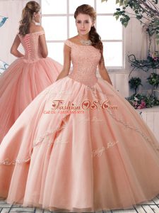 Fantastic Sleeveless Tulle Brush Train Lace Up Sweet 16 Quinceanera Dress in Peach with Beading