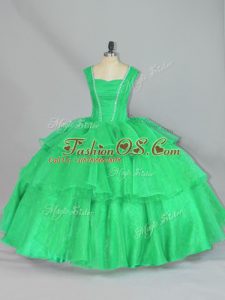 Turquoise Organza Lace Up Ball Gown Prom Dress Sleeveless Floor Length Beading and Ruffled Layers and Ruching