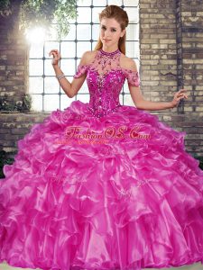 Fuchsia Sleeveless Beading and Ruffles Floor Length Ball Gown Prom Dress