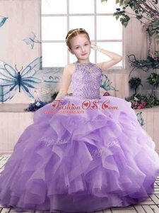 Customized Sleeveless Organza Floor Length Zipper Little Girl Pageant Dress in Lavender with Beading and Ruffles