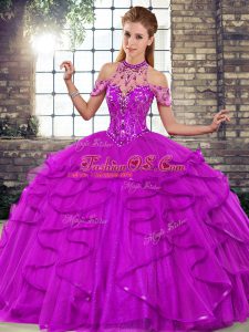 Low Price Purple Tulle Lace Up Quinceanera Gown Sleeveless Floor Length Beading and Ruffles