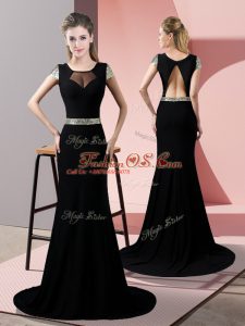 New Style Black Backless Square Sequins Homecoming Dress Satin Short Sleeves Sweep Train