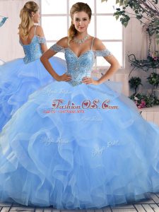 Sexy Floor Length Blue Quince Ball Gowns Off The Shoulder Sleeveless Lace Up