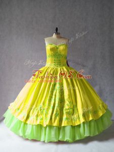 Inexpensive Satin and Organza Sleeveless Floor Length Quince Ball Gowns and Embroidery