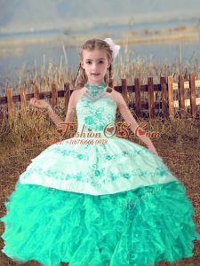 Latest Turquoise Ball Gowns Halter Top Sleeveless Organza Floor Length Lace Up Beading and Embroidery and Ruffles Little Girls Pageant Gowns