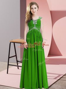 Cap Sleeves Chiffon Floor Length Lace Up Prom Evening Gown in Green with Beading