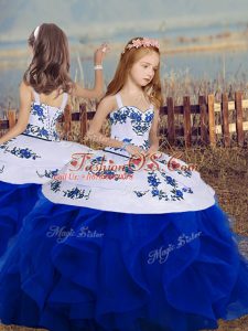 Perfect Royal Blue Sleeveless Floor Length Embroidery and Ruffles Backless Little Girl Pageant Gowns