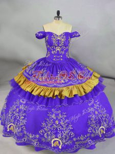 Purple Ball Gowns Off The Shoulder Sleeveless Satin Floor Length Lace Up Embroidery Quince Ball Gowns