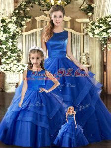 Royal Blue Ball Gowns Tulle Scoop Sleeveless Ruffled Layers Floor Length Lace Up Quinceanera Dress