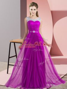 Attractive Floor Length Lace Up Bridesmaids Dress Purple for Wedding Party with Beading