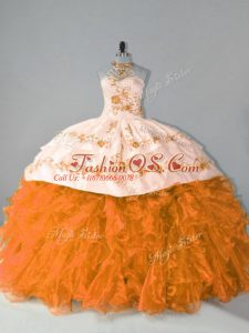 Floor Length Orange Vestidos de Quinceanera Organza Court Train Sleeveless Embroidery and Ruffles