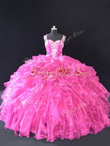 Organza Straps Sleeveless Lace Up Beading and Ruffles Vestidos de Quinceanera in Fuchsia