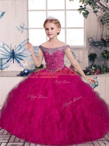 Popular Tulle Sleeveless Floor Length Pageant Gowns For Girls and Beading and Ruffles