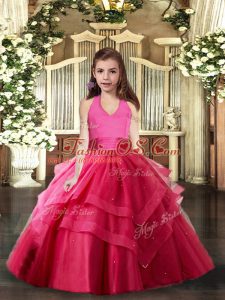 Hot Pink Halter Top Lace Up Ruffled Layers Pageant Gowns For Girls Sleeveless