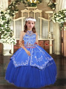 Royal Blue Halter Top Lace Up Beading and Appliques Kids Formal Wear Sleeveless