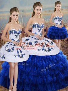Sweet Royal Blue Organza Lace Up Sweetheart Sleeveless Floor Length Sweet 16 Quinceanera Dress Embroidery and Ruffled Layers and Bowknot