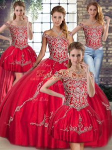 Red Lace Up Off The Shoulder Beading and Embroidery Quince Ball Gowns Tulle Sleeveless