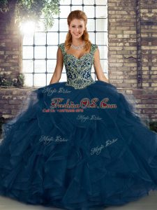 Gorgeous Beading and Ruffles Quinceanera Dresses Blue Lace Up Sleeveless Floor Length