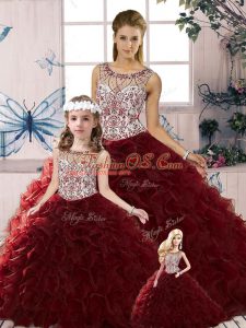High Quality Burgundy Sleeveless Beading and Ruffles Floor Length Vestidos de Quinceanera