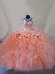 Artistic Peach Tulle Lace Up Quinceanera Dresses Sleeveless Court Train Beading and Ruffles