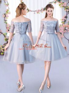 Most Popular Knee Length Grey Bridesmaid Dress Tulle Short Sleeves Lace and Belt