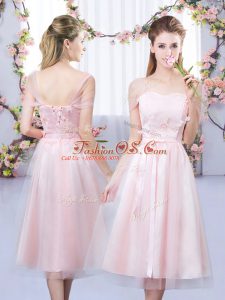 Chic Baby Pink Tulle Lace Up Wedding Guest Dresses Short Sleeves Tea Length Lace and Belt