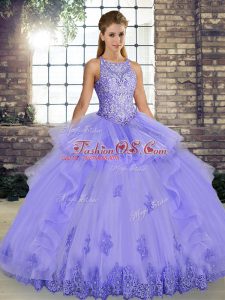 Lavender Tulle Lace Up Quince Ball Gowns Sleeveless Floor Length Lace and Embroidery and Ruffles