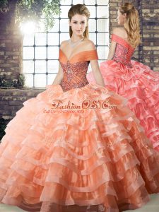 Comfortable Sleeveless Beading and Ruffled Layers Lace Up 15th Birthday Dress with Peach Brush Train