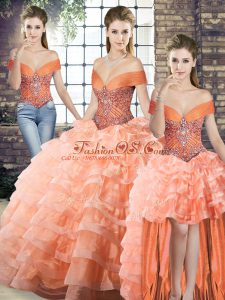 Peach Lace Up 15th Birthday Dress Beading and Ruffled Layers Sleeveless Brush Train