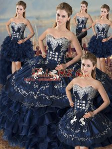Clearance Navy Blue Sweetheart Neckline Embroidery and Ruffles Sweet 16 Quinceanera Dress Sleeveless Lace Up