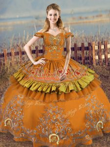 Suitable Satin Off The Shoulder Sleeveless Lace Up Embroidery Sweet 16 Dresses in Brown