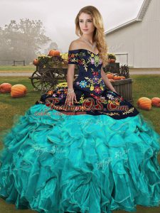 Top Selling Off The Shoulder Sleeveless Organza Sweet 16 Dress Embroidery and Ruffles Lace Up