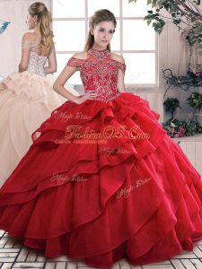 Floor Length Red Quinceanera Dresses Organza Sleeveless Beading and Ruffled Layers