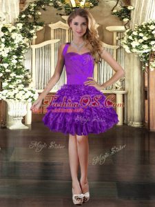 Purple Organza Lace Up Prom Dresses Sleeveless Mini Length Ruffles