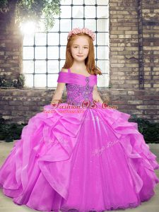 Great Beading and Ruffles Little Girls Pageant Dress Wholesale Lilac Lace Up Sleeveless Floor Length
