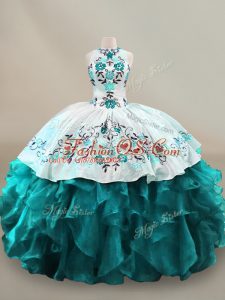 Perfect Teal Lace Up Quinceanera Gowns Embroidery and Ruffles Sleeveless Floor Length