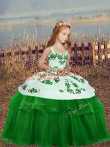 Sleeveless Tulle Floor Length Zipper Pageant Dress for Womens in Green with Embroidery