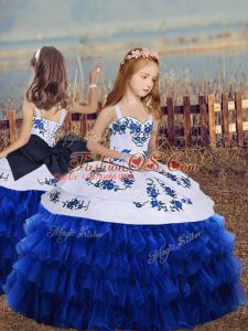 Glorious Royal Blue Straps Neckline Embroidery and Ruffled Layers Pageant Gowns For Girls Long Sleeves Lace Up